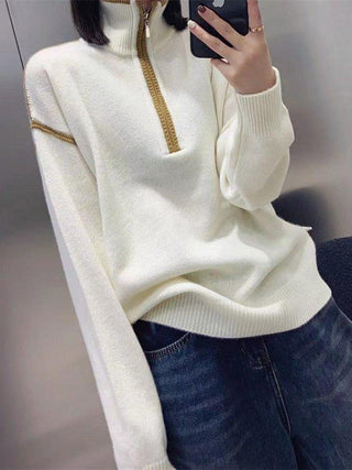 Urban Contrast Color Zipper High-Neck Sweater Tops Pullovers