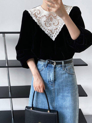 Urban Puff Sleeves Hollow Split-Joint Round-Neck Blouse Top