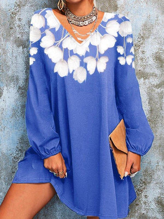 Cotton-blend 5XL Solid Floral Print Long Sleeve Short Dress Blouse
