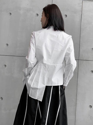 Stylish Irregular Solid Color Split-Joint Pleated Buttoned Stand Collar Long Sleeves Blouse