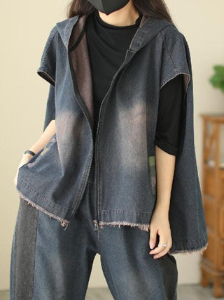 Artistic Retro Loose Sleeveless Zipper Hooded Vest Outerwear