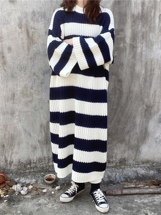 Stylish Loose Striped Round-Neck Sweater Dresses