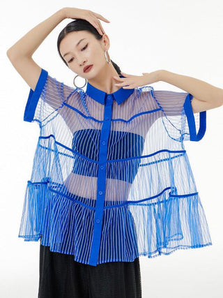 Original Short Sleeves Loose Buttoned Mesh Pleated Solid Color Blouses&Shirts Tops